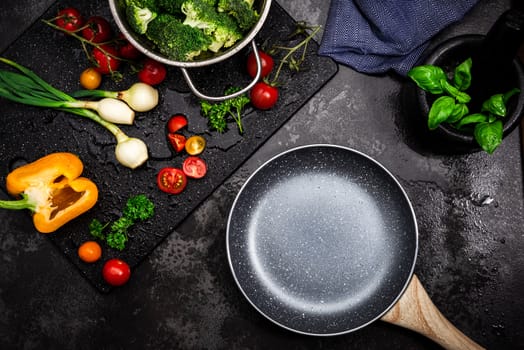 Empty Pan on Kitchen Counter  with Fresh Vegetables. Product Template Mock Up. Product Placement Background. Top View From Above.
