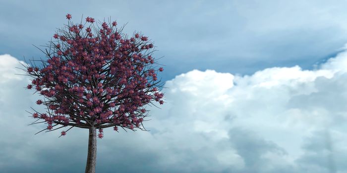 Coronavirus growing on a tree. Metaphor for the impact on the economy and lack of harvest and limited resources. 3d rendering against blue cloudy sky in a bright day.
