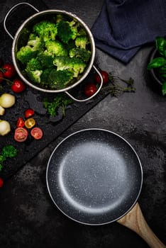 Empty Pan on Kitchen Counter  with Fresh Vegetables. Product Template Mock Up. Product Placement Background. Top View From Above.