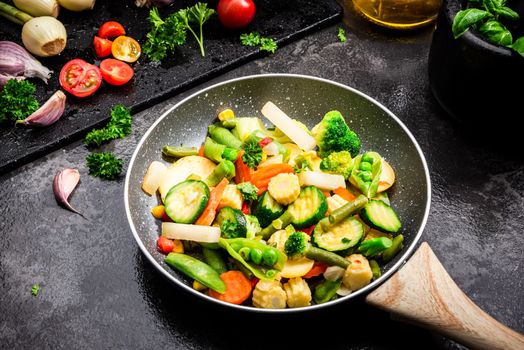 Stir Fry Vegetables on Pan Close Up View. Clean Healthy Eating. Vegetable Mix. Green Diet.