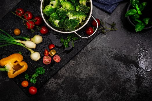 Kitchen Counter with Fresh Vegetables. Healthy Food Background. Recipe or Product Placement Template. Top View with Copy Space