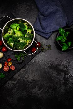 Kitchen Counter with Fresh Vegetables. Healthy Food Background. Recipe or Product Placement Template. Top View with Copy Space