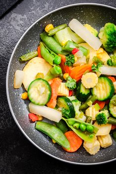 Stir Fry Vegetables on Pan Close Up View. Clean Healthy Eating. Vegetable Mix. Green Diet.