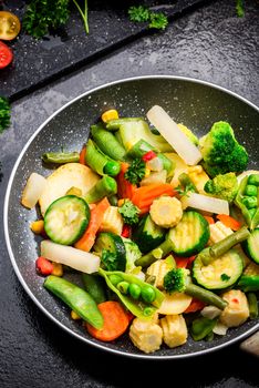 Stir Fry Vegetables on Pan Close Up View. Clean Healthy Eating. Vegetable Mix. Green Diet.