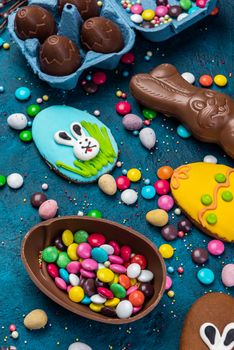 Easter Sweet Food. Easter Chocolate Egg and Bunny. Easter Holiday Table. Top Down View