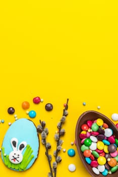 Colorful Festive Easter Background. Top Down View with Copy Space. Chocolate Egg.