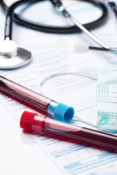 Blood Test Samples for Presence of Coronavirus (COVID-19) Tube Containing a Blood Sample from Patient.