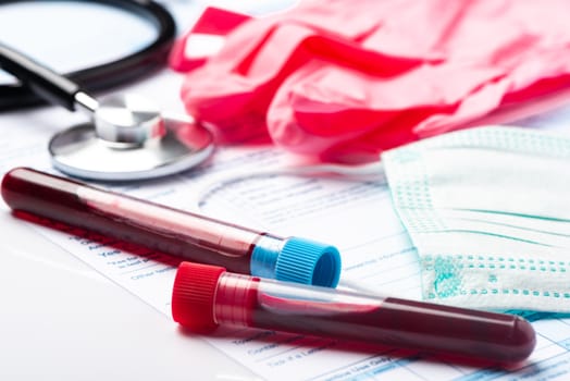 Blood Test Samples for Presence of Coronavirus (COVID-19) Tube Containing a Blood Sample from Patient.