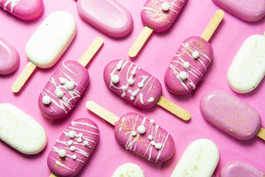 Pink Chocolate Popsicles Flat Lay Geometric Design. Modern Minimal Sweet Food Layout.