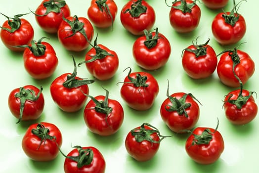 Market Fresh Red Tomatoes on Green Background. Flat Lay Design.