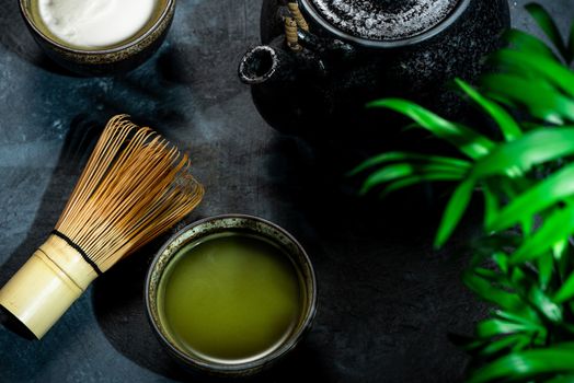 Green Matcha Tea Drinking Ceremony. Japan or Asian Bewerage.