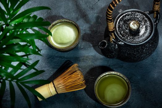 Green Matcha Tea Drinking Ceremony. Japan or Asian Bewerage.