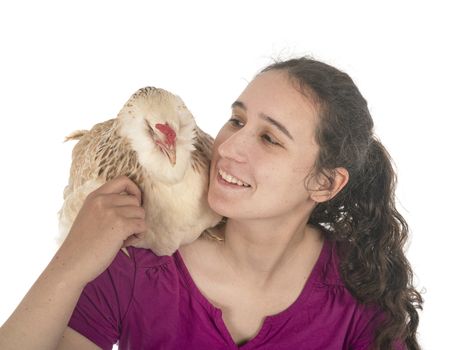 Faverolles chicken and woman in front of white background