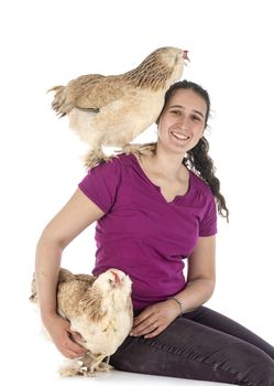 Faverolles chicken and woman in front of white background