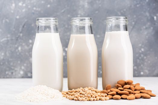 Almond, Soya and Rice Plant Based Milk. Alternative Non Dairy Helthy Food. Organic Fresh Milk.