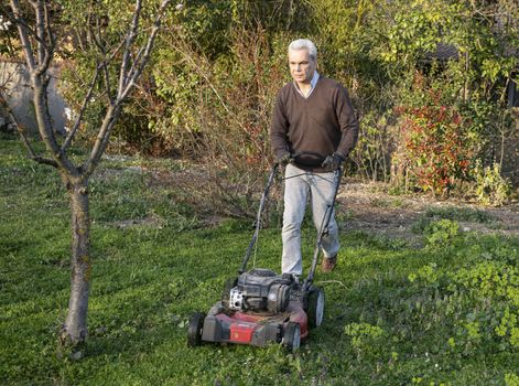 Man with lawnmower in his garden in spring