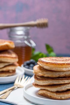 Fresh Fluffy Pancakes Stack on Plate. Copy Space.