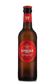 TARNOW, POLAND - FEBRUARY 01, 2020: Bottle of Cold Estrella  Beer. Spanish Estrella Brand Are Increasingly Popular .