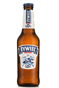TARNOW, POLAND - FEBRUARY 01, 2020: Bottle of Cold Zywiec Non-Alcoholic Beer. Alcohol-Free Beers Are Increasingly Popular Among Drivers.