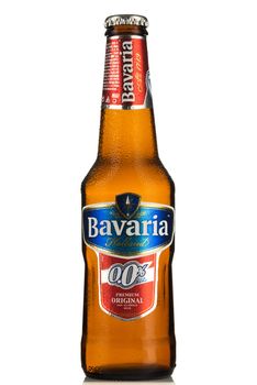 TARNOW, POLAND - FEBRUARY 01, 2020: Bottle of Cold Bavaria Non-Alcoholic Beer. Alcohol-Free Beers Are Increasingly Popular Among Drivers.