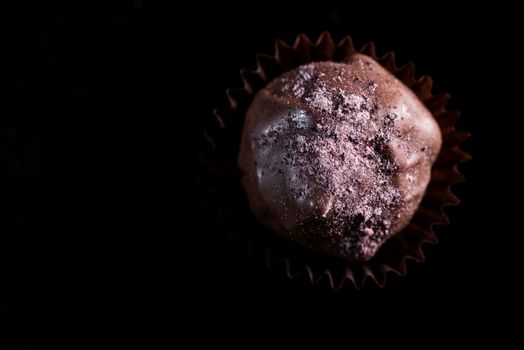 One Single Handmade Chocolate Praline Close Up View. Dark Background with Copy Space.