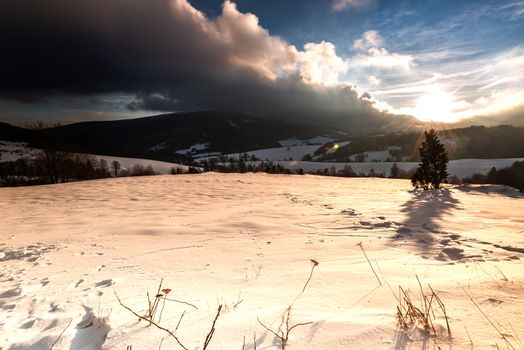 Beautiful Sunrise at Polonina in Bieszczady Mountains, Carpathia, Poland. Winter Season with Snow.