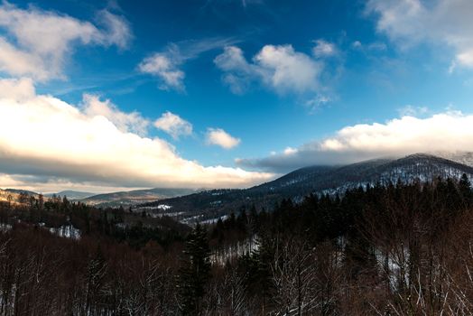Panoramic View Over Bieszczady Mountains in Carpathia, POland at Winter Season.