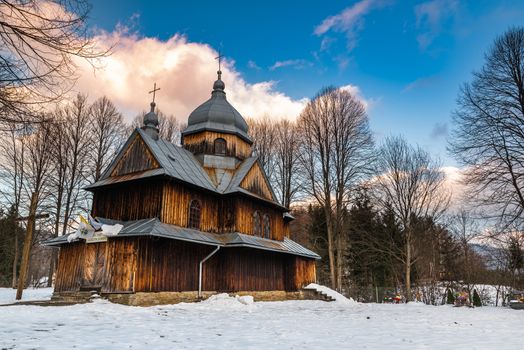St. Nicholas Orthodox Church in Chmiel. Carpathian Mountains and Bieszczady Architecture in Winter.