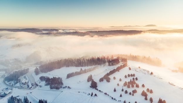 Aerial Panoramic View Over Valley in Winter Season. Slotwiny near Krynica in Poland.