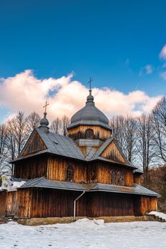 St. Nicholas Orthodox Church in Chmiel. Carpathian Mountains and Bieszczady Architecture in Winter.