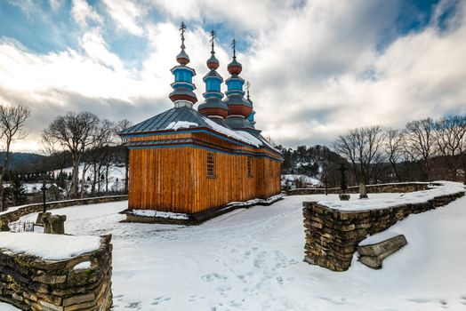 Komancza Wooden Orthodox Church. Carpathian Mountains Architecture. Bieszczady at Winter Season.