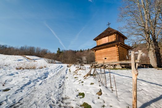 Exterior of Lopienka Orthodox Church.  Bieszczady Architecture in Winter. Carpathia Region in Poland.