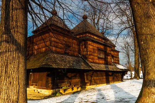 Smolnik Wooden Orthodox Church. Carpathian Mountains Architecture. Bieszczady at Winter Season.