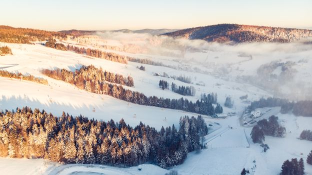 Cold Morning at Winter Season in Countryside at Sunrise.