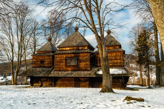Smolnik Wooden Orthodox Church. Carpathian Mountains Architecture. Bieszczady at Winter Season.