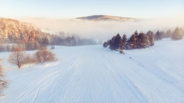 Cold Morning at Winter Season in Countryside at Sunrise.