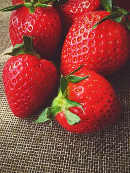 Organic strawberries on rustic linen background, fruit farming and agriculture