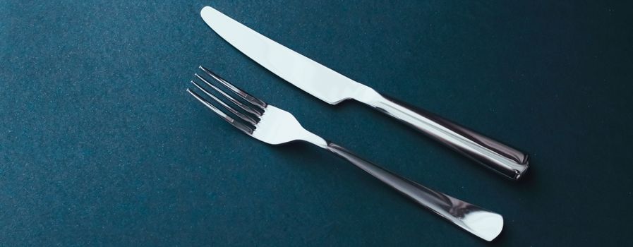 Fork and knife, silver cutlery for table decor, minimalistic design and diet concept