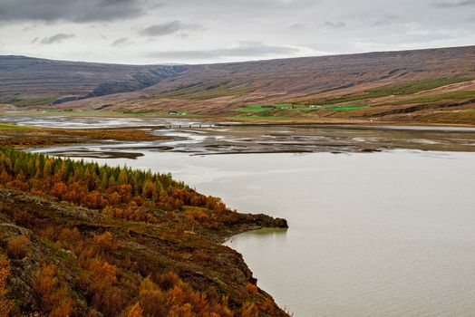 Panoramic view of the Lagarfljot river in eastside of Iceland
