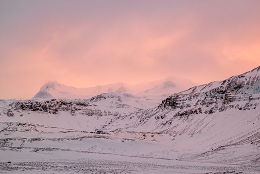 Pink sunset in the mountain in Snaefellsnes peninsula, Iceland
