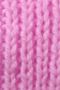Pink Wool Knitting Texture. Vertical Across Weaving Crochet Detailed Rows. Sweater Textile Background. Macro Closeup.