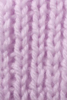 Lilac Wool Knitting Texture. Vertical Across Weaving Crochet Detailed Rows. Sweater Textile Background. Macro Closeup.