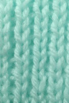 Mint Wool Knitting Texture. Vertical Across Weaving Crochet Detailed Rows. Sweater Textile Background. Macro Closeup.
