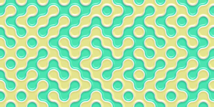 Yellow Deep Sea Green Seamless Truchet Tilling Background. Geometric Mosaic Connections Texture. Tile Circles Labyrinth Backdrop.