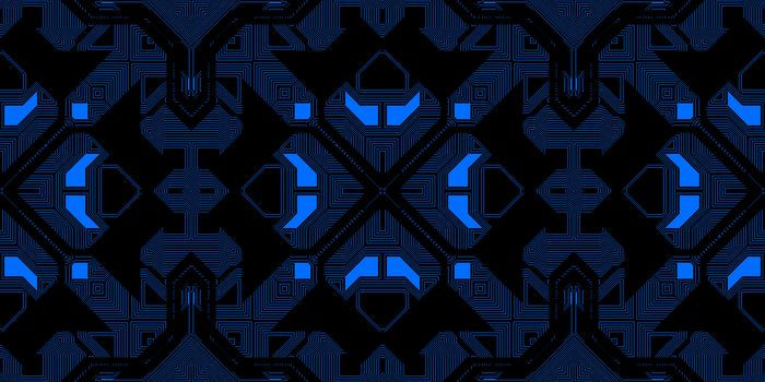 Dark Blue Neon Seamless Techno Lines Pattern. Futuristic Geometry Background. Laser Technical Design Texture.