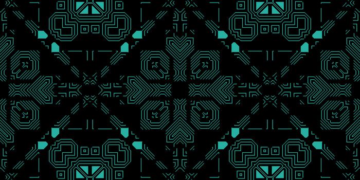 Dark Green Seamless Techno Lines Pattern. Futuristic Geometry Background. Laser Technical Design Texture.