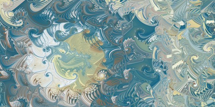 Yellow Blue Sea Swirls Background. Abstract Ocean Marbling Curves Texture. Nautical Spiral Shell Infinity Backdrop.