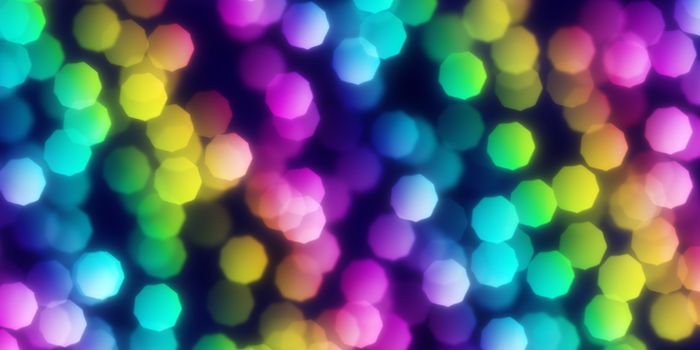 Rainbow Pentagon Shapes Bokeh Background. Abstract Figure Night Lights Texture. Abstract Glowing Forms Backdrop.