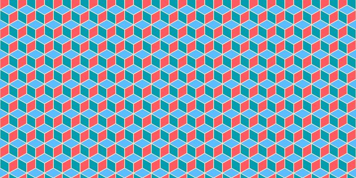 Red Blue Seamless Cube Pattern Background. Isometric Blocks Texture. Geometric 3d Mosaic Backdrop.