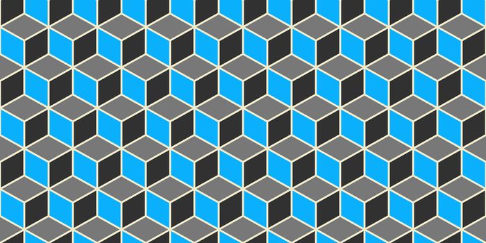 Blue Grey Seamless Cube Pattern Background. Isometric Blocks Texture. Geometric 3d Mosaic Backdrop.
